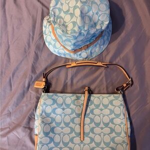 Coach Blue and Tan Leather Trim Bag